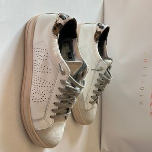 P448 sneakers: pink bottom, gray front and tongue w/leopard heal detail. Size 38